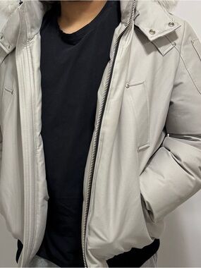 Moose Knuckles Light Gray Hooded Bomber Jacket